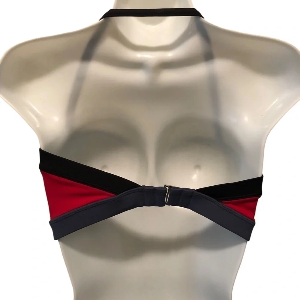 Nike Swim Bandeau Top Sz. 10 Built in Bra Red Navy Swoosh Logo Summer Pool Beach